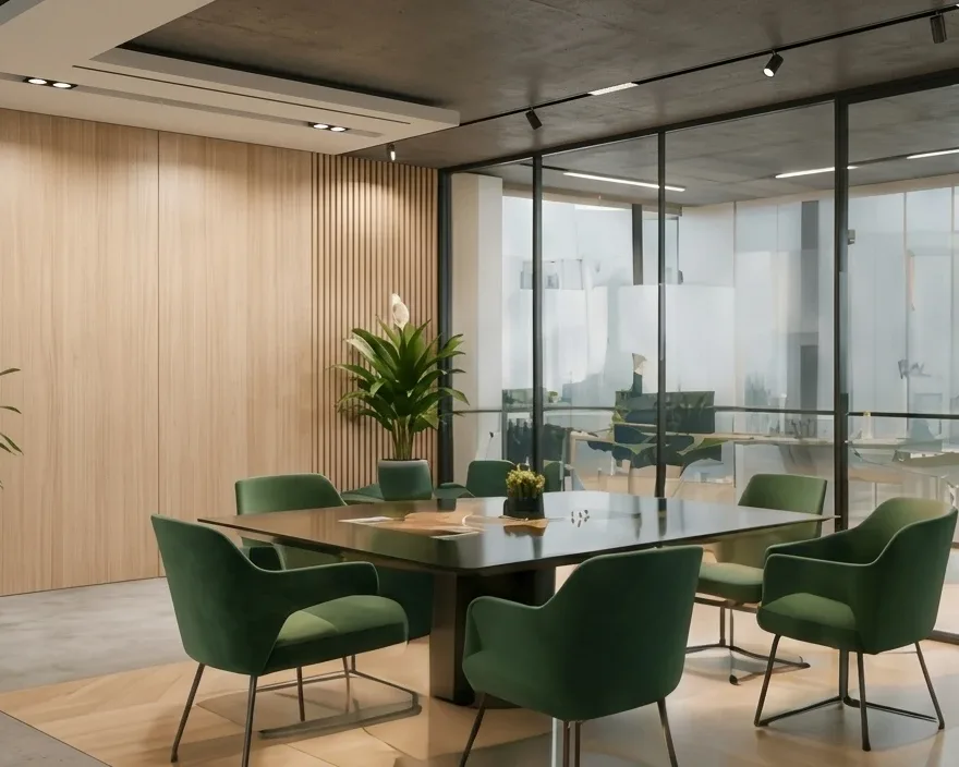 Regpro meeting room with green chairs