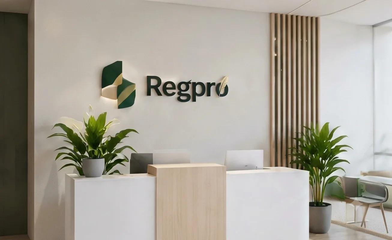 Regpro branding on a reception wall
