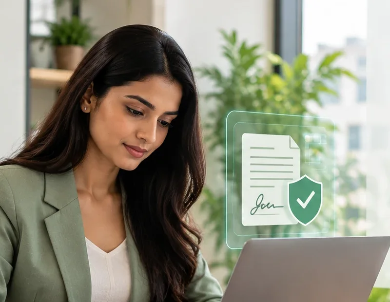 A professional signing a document digitally on her laptop