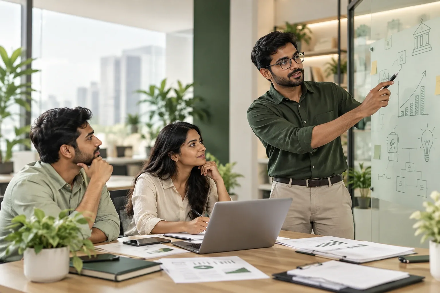 A startup founder presenting a growth plan to two colleagues