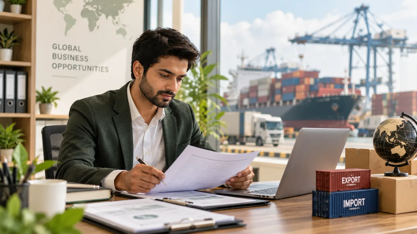 An exporter reviewing trade documents at a desk overlooking a container port
