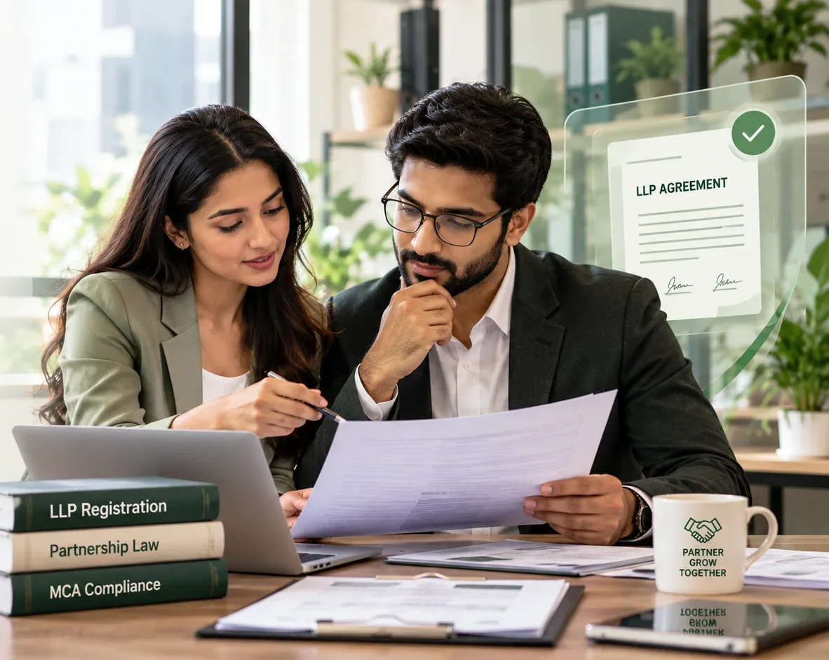 Two business partners reviewing their LLP agreement