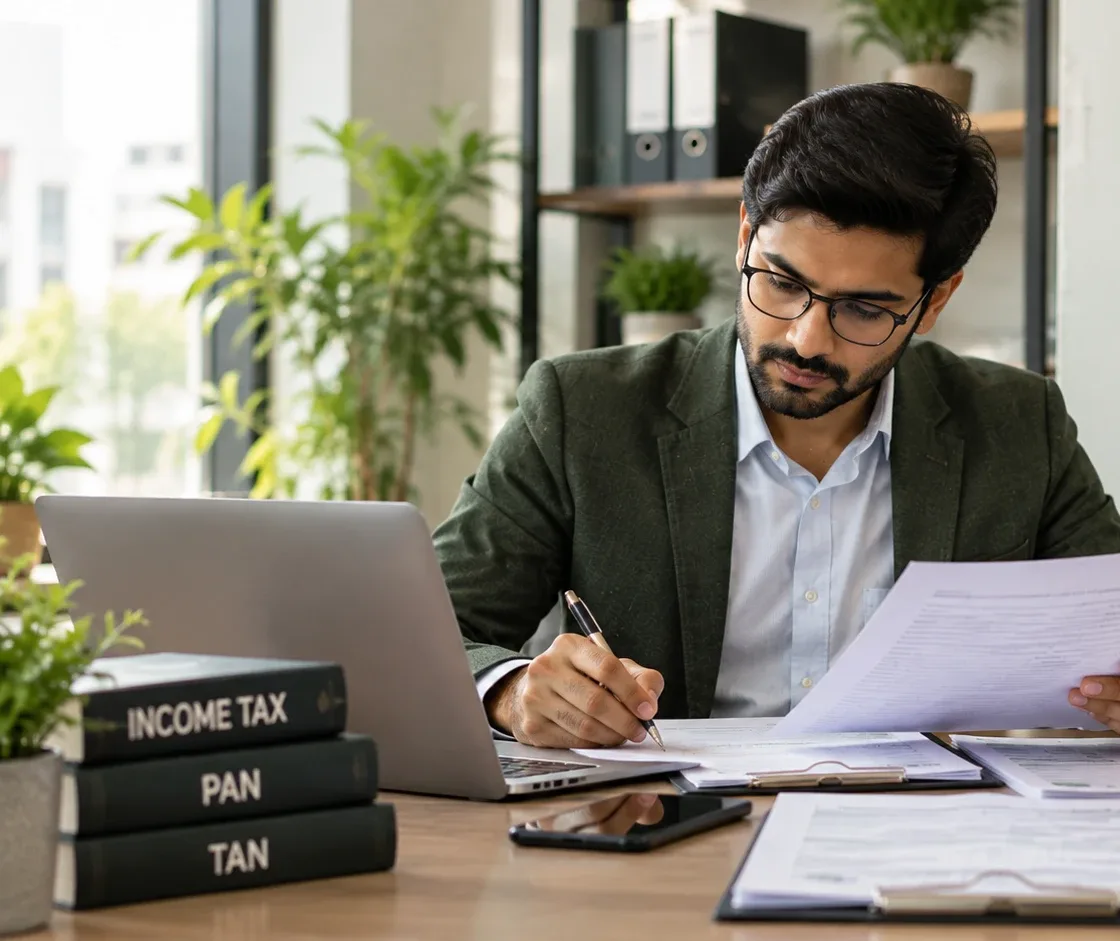 A professional reviewing PAN and TAN application paperwork at his desk