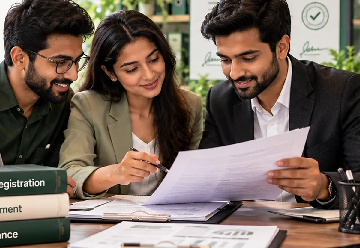Three partners reviewing their partnership deed together