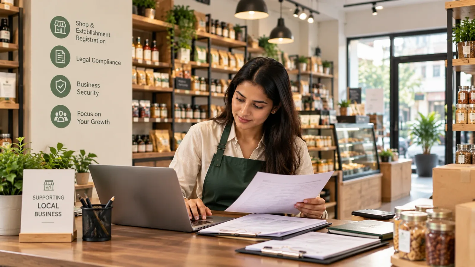 A shop owner reviewing registration paperwork at the counter of her store