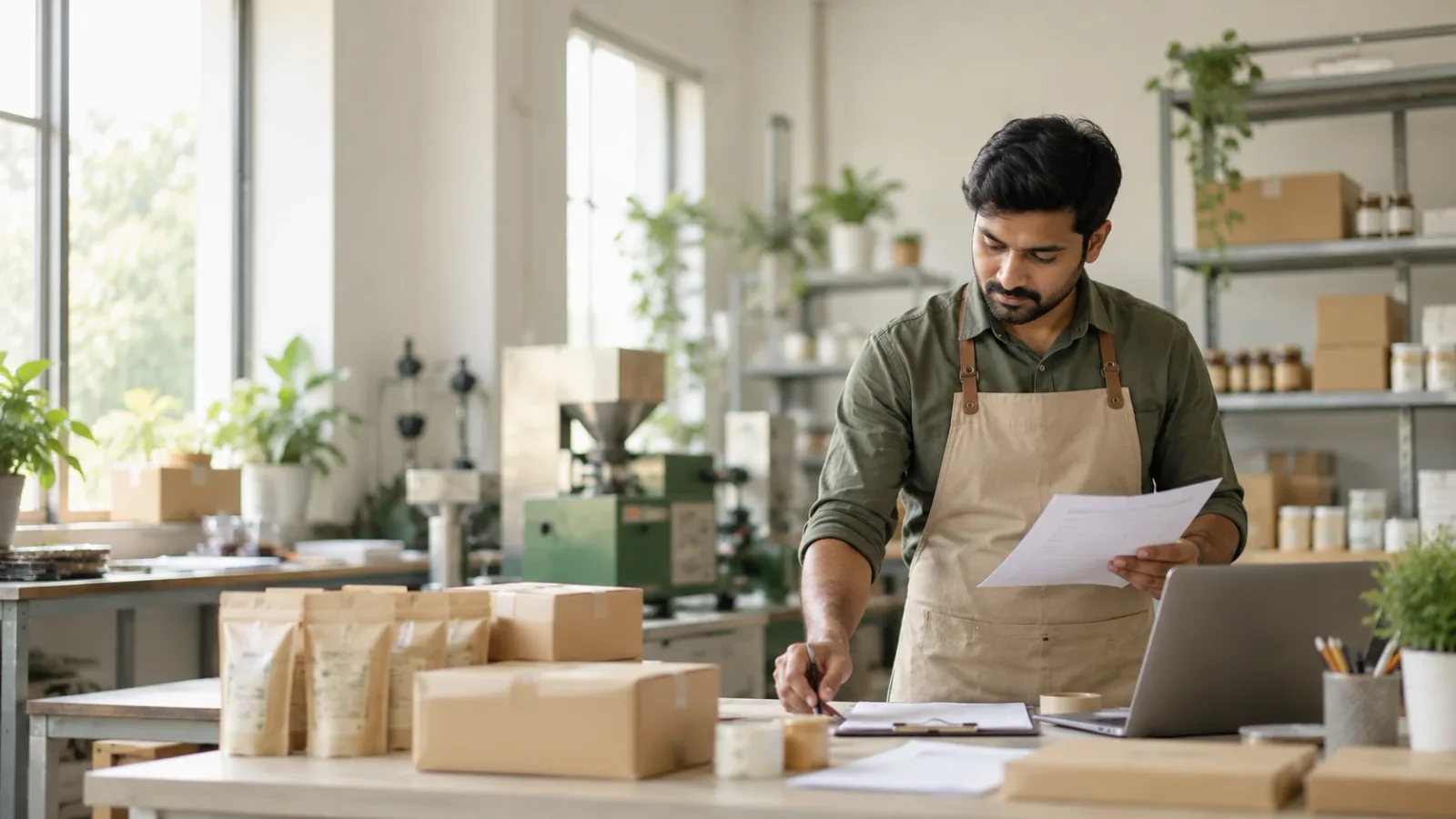 A small business owner reviewing paperwork in his packaging workshop
