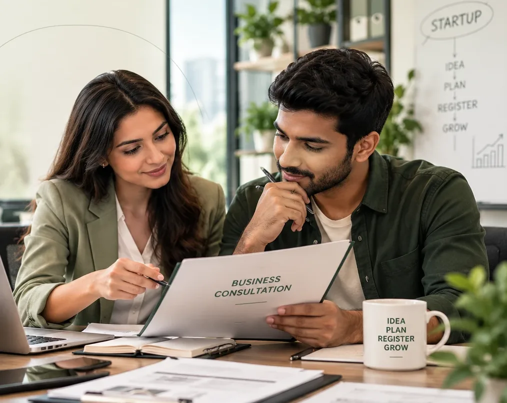 A consultant guiding a founder through his business registration plan